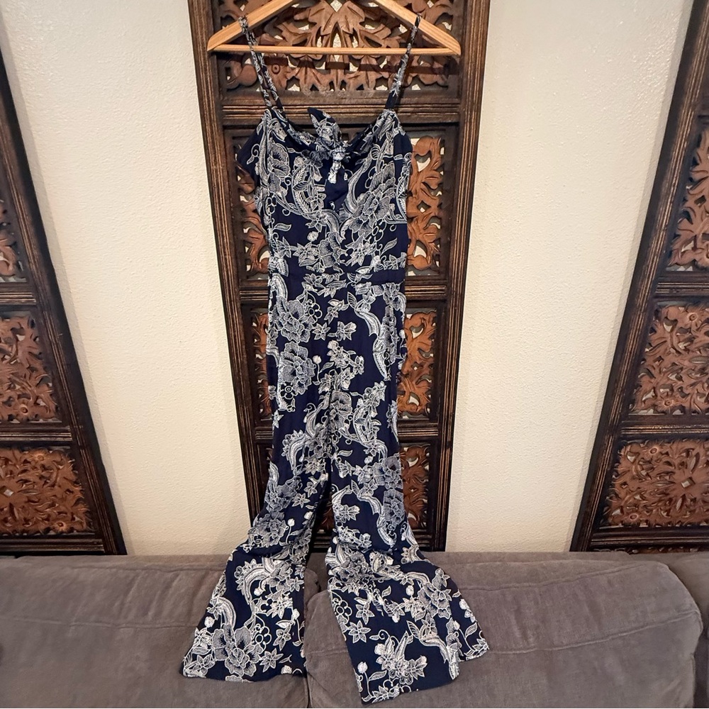 Roxy Navy and White Paisley-Print Wide Leg Jumpsuit